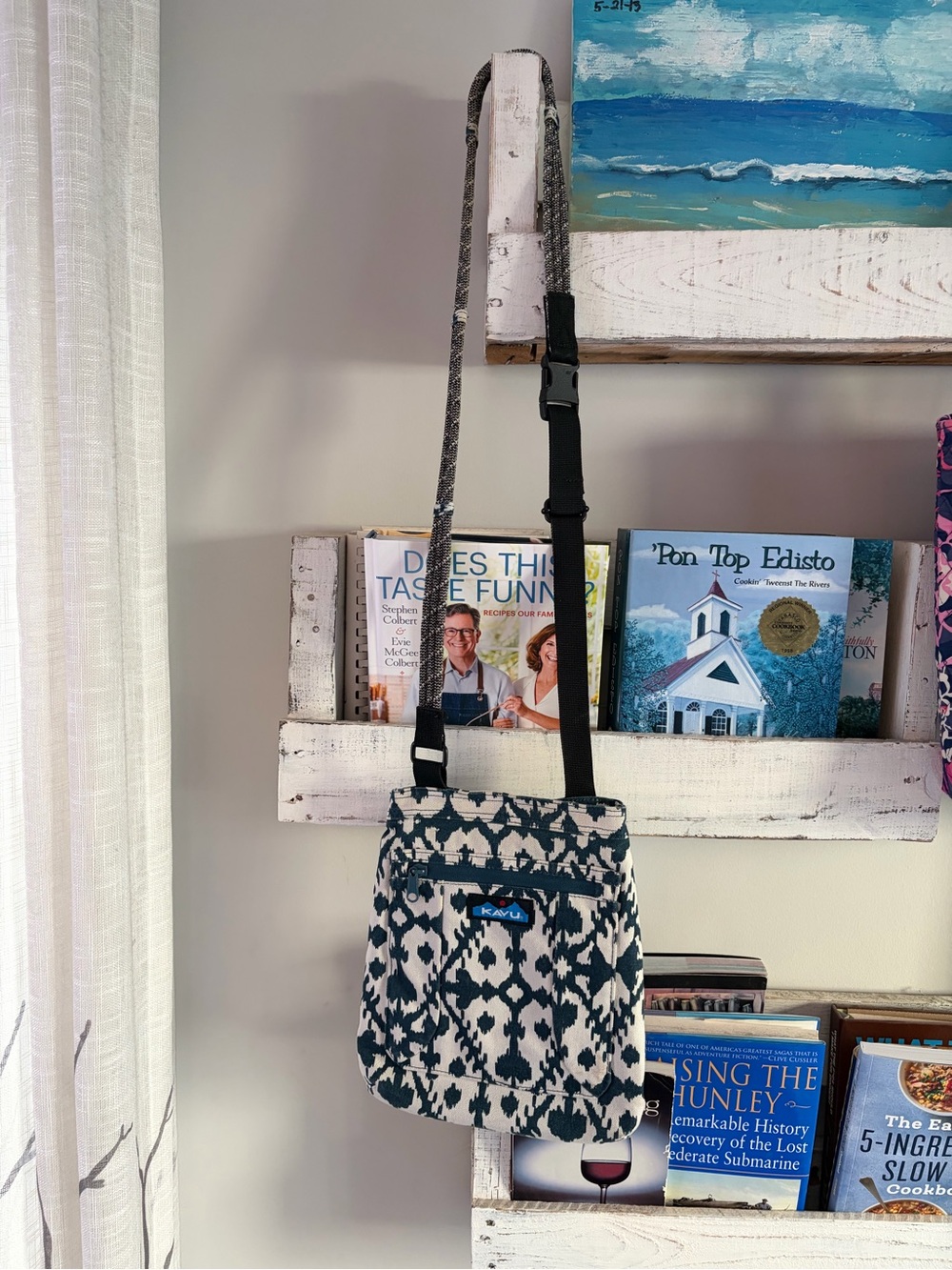 Kavu Blue and White Ikat Crossbody Bag